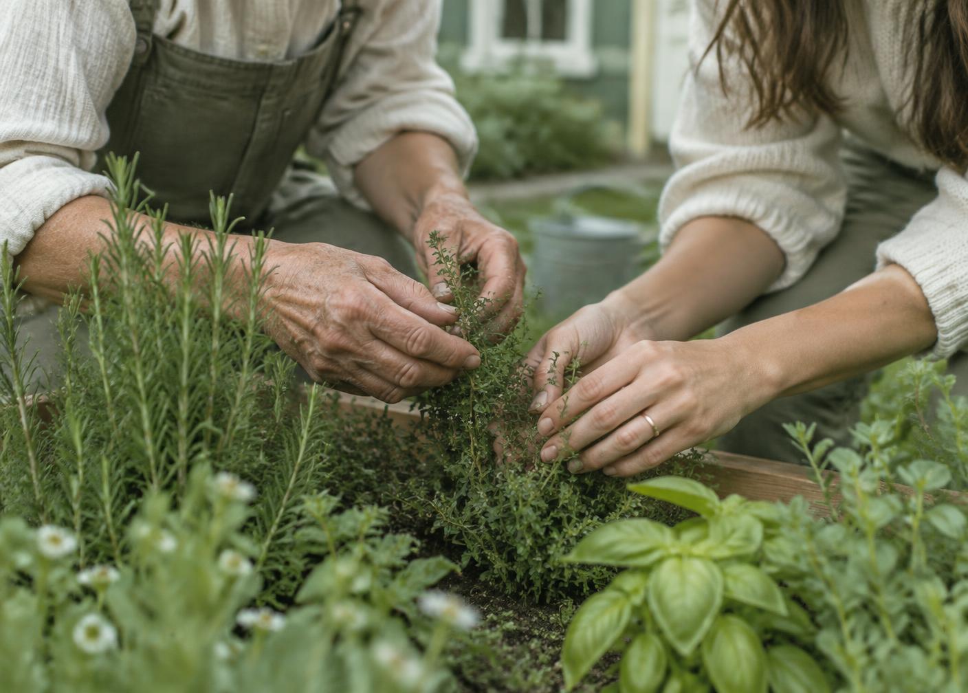 Two generations tending a garden together
